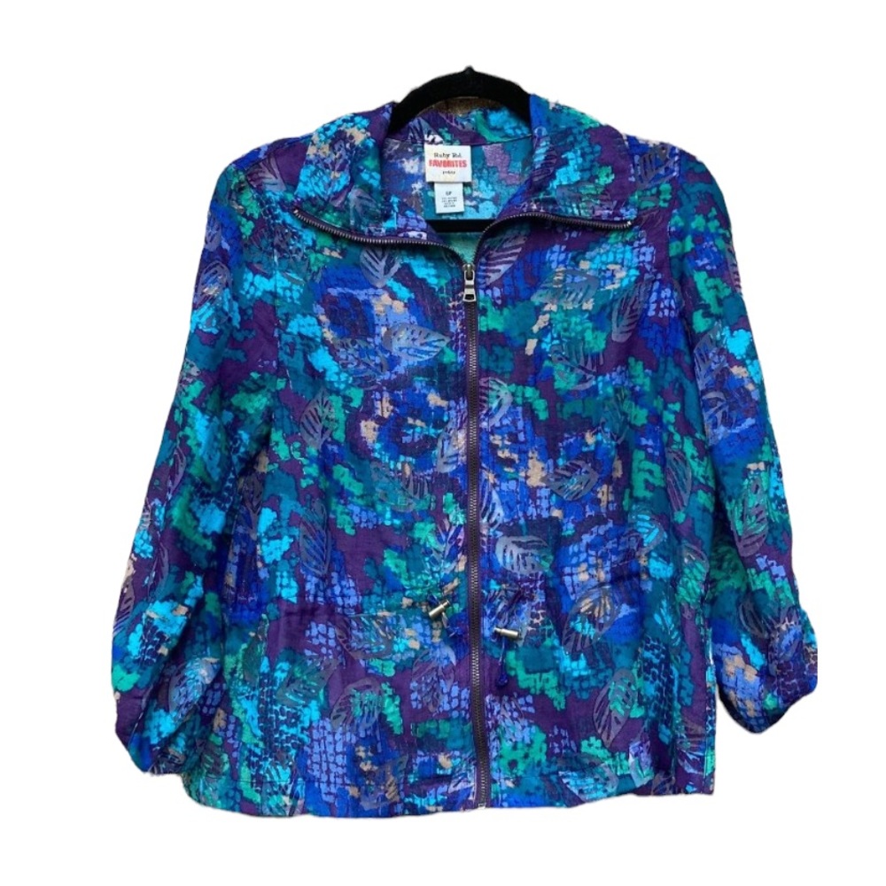RUBY RD. Roll Sleeve Full Zip Part Sheer Draw String Waist Blazer Top 6P